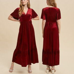 Burgundy Red Velvet Flutter Sleeve Ruffle Formal Cocktail Maxi Dress 10